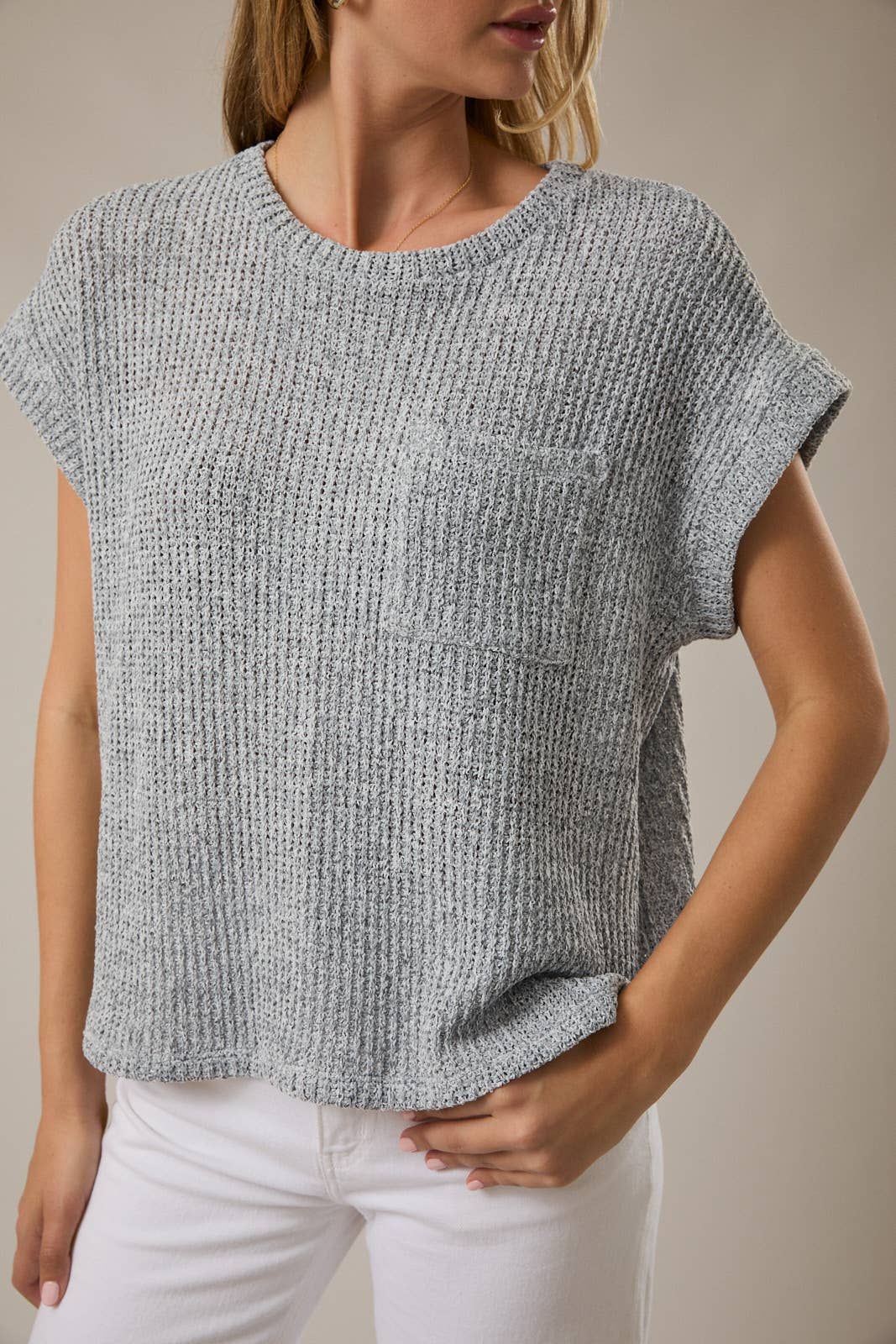 CREW NECK CUFFED SHORT SLEEVE TOP WITH POCKET