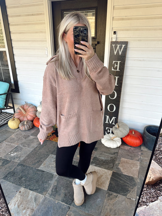ONE BUTTON FRONT FLAP COLLAR RIBBED KNIT SWEATER PULLOVER