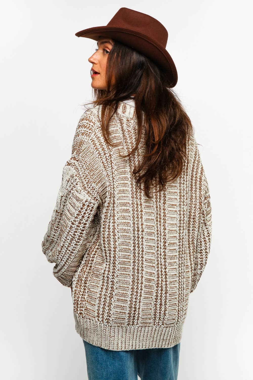TWO TONE CABLE CHUNKYSWEATER CARDIGAN