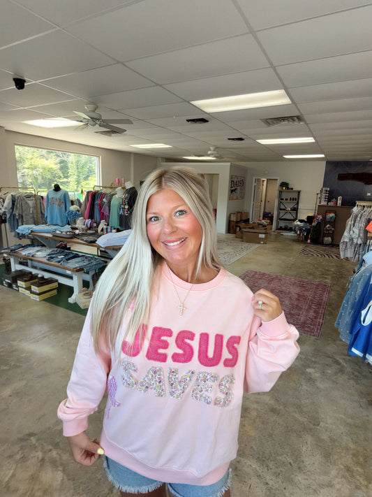 JESUS SAVES PATCHWORK CREW NECK SWEATSHIRT