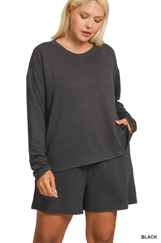 Plus Raised Rib Long Sleeve Tee And Shorts Set