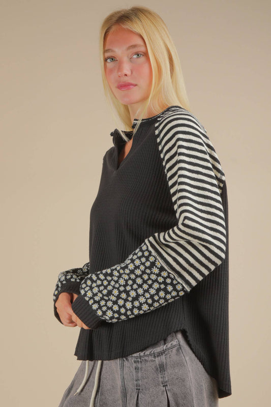 Black Floral Stripe Top