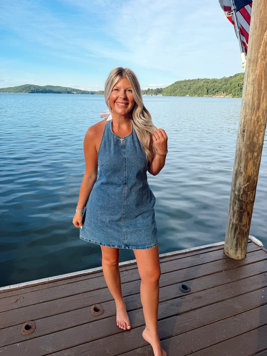HALTER NECK DENIM DRESS