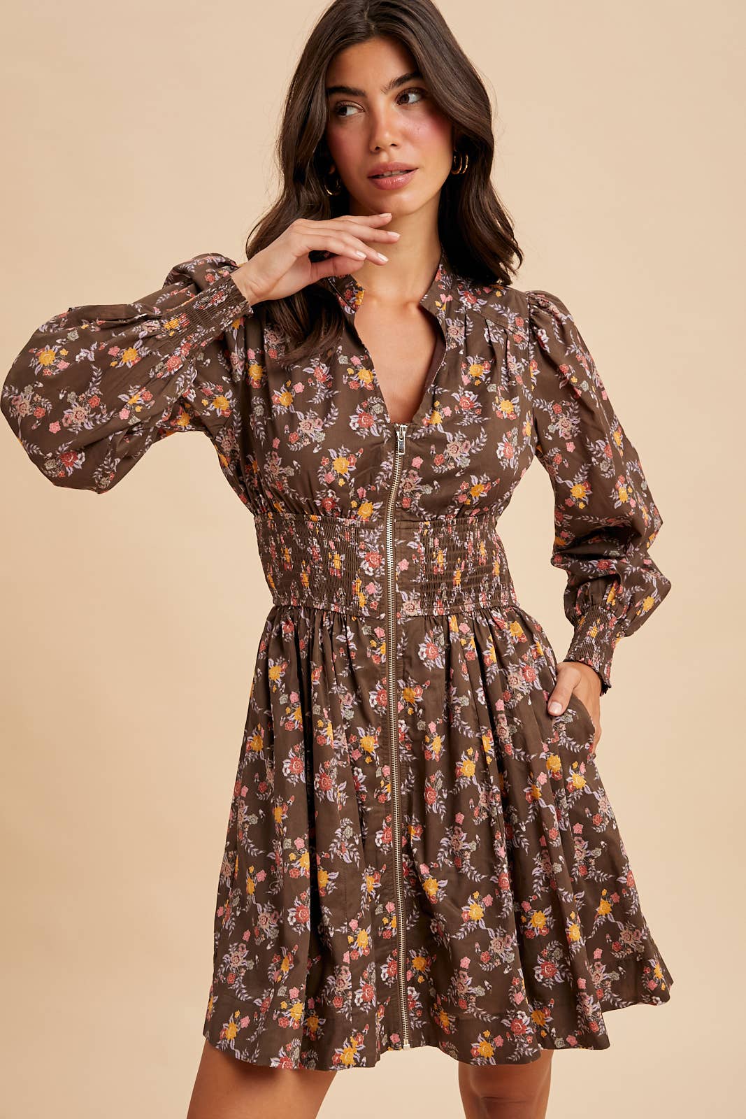 ZIPPERED FLORAL MINI DRESS