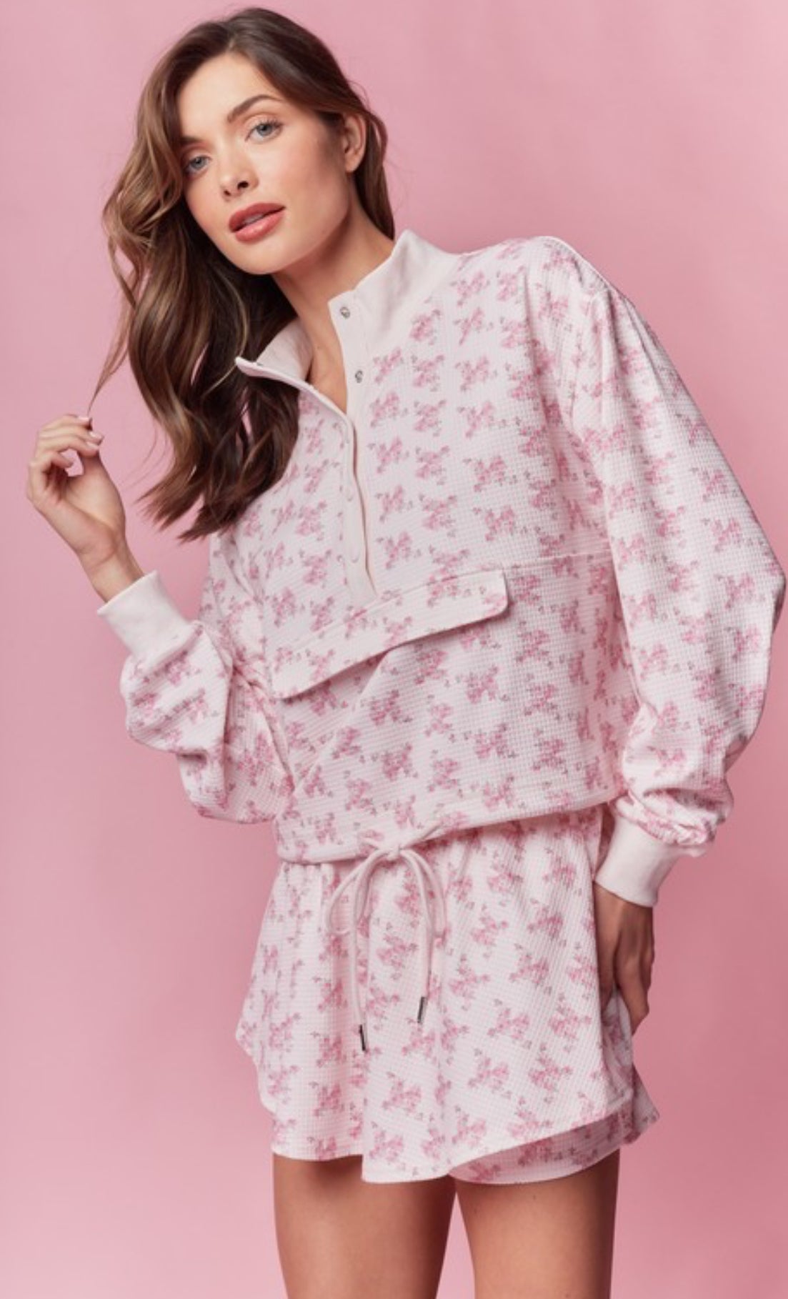 Pink Floral Waffle Skort Set