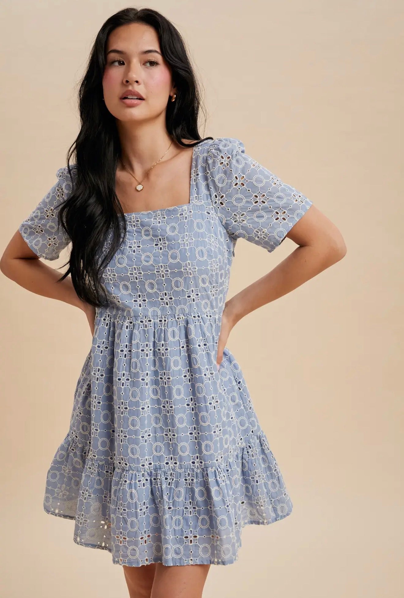 EYELET EMBROIDERED SHIFT MINI DRESS