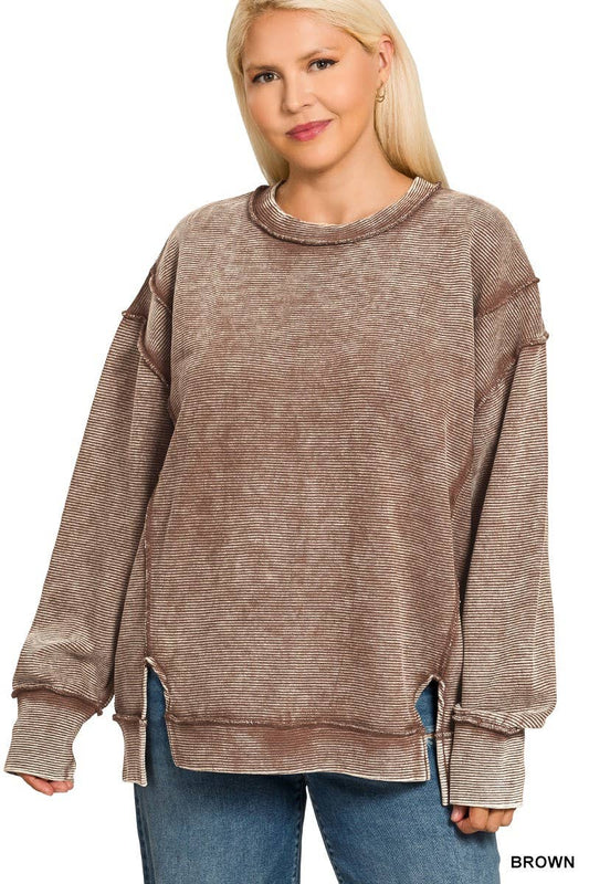 Plus Acid Washed Double Ribbed Pullover