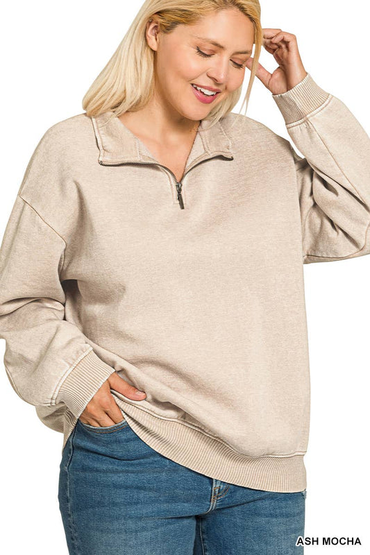 Plus Acid Wash Fleece Half Zip Pullover