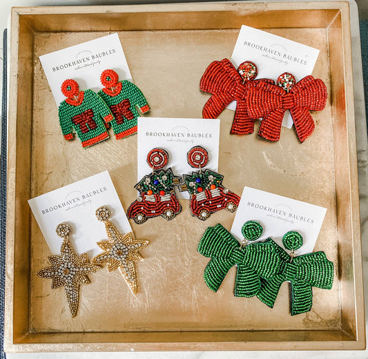 Green Christmas Bow Beaded Statement Earrings