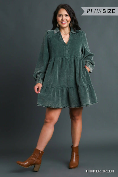 Plus Mineral Wash Corduroy Tiered Dress