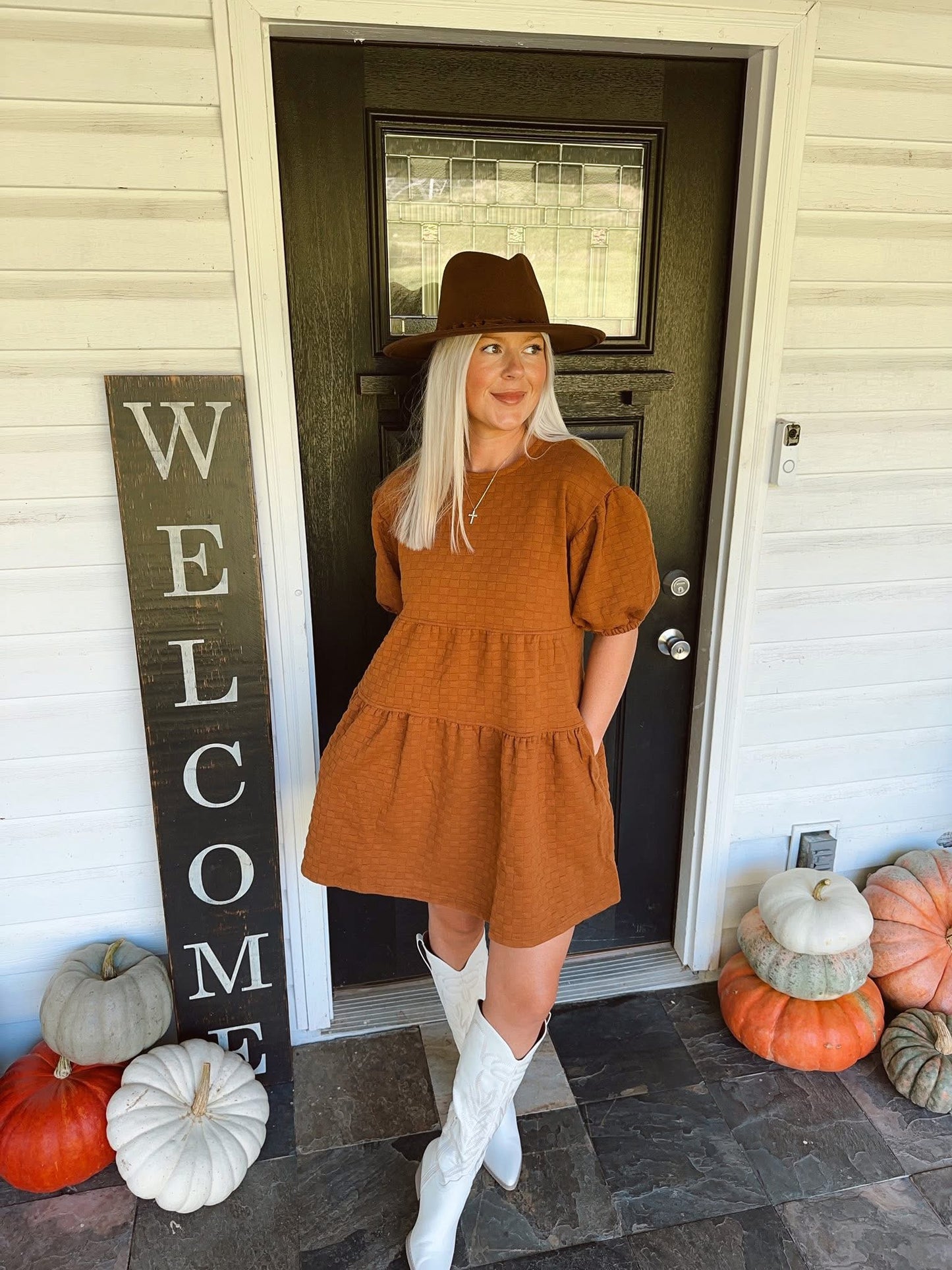 Quilted Puff Sleeve Babydoll Dress - CAMEL