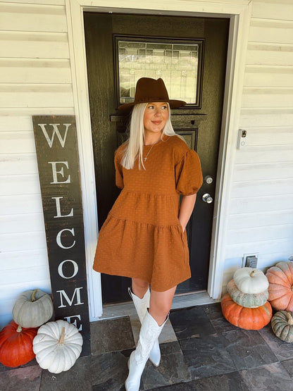 Quilted Puff Sleeve Babydoll Dress - CAMEL