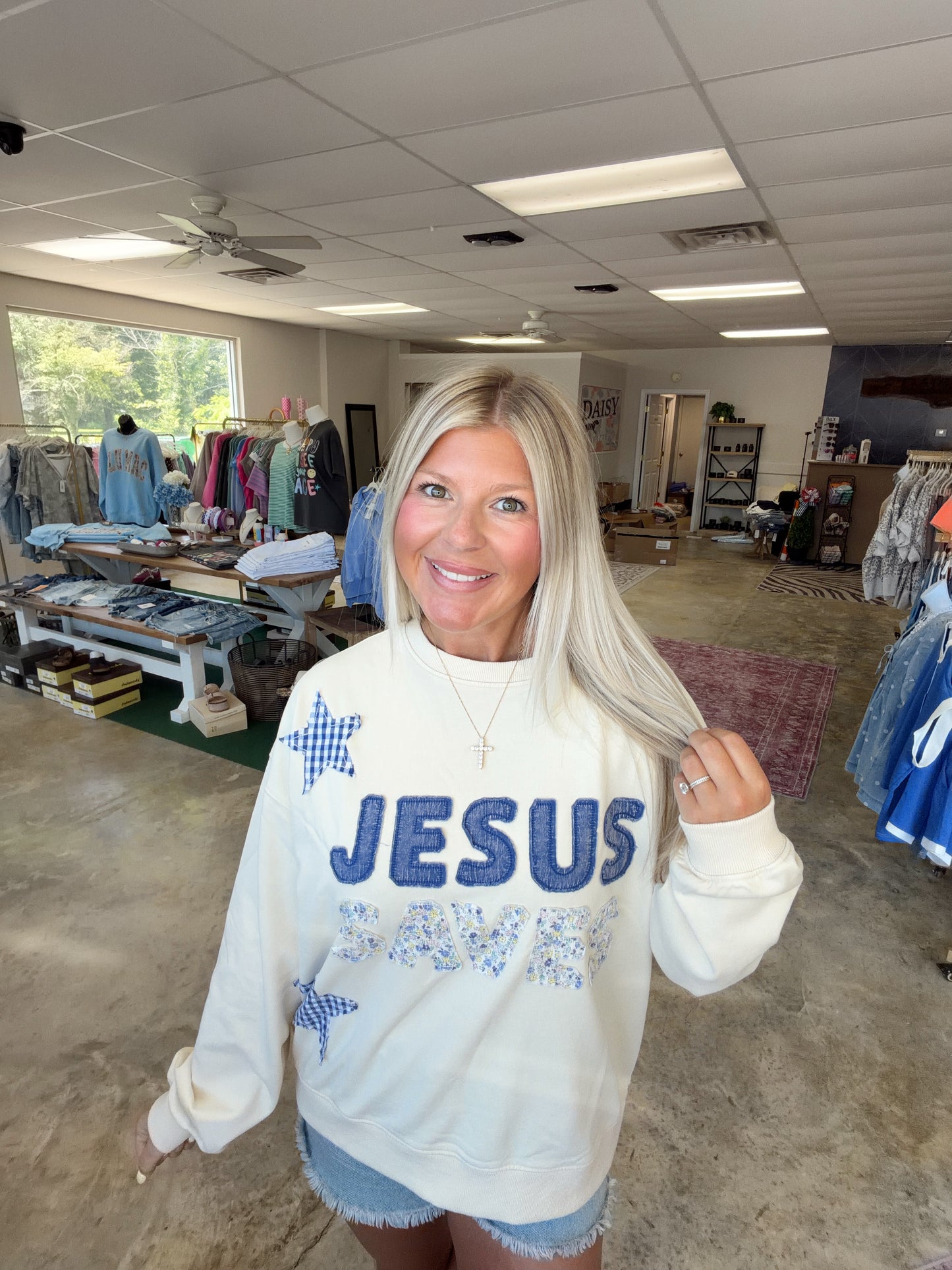 JESUS SAVES PATCHWORK CREW NECK SWEATSHIRT