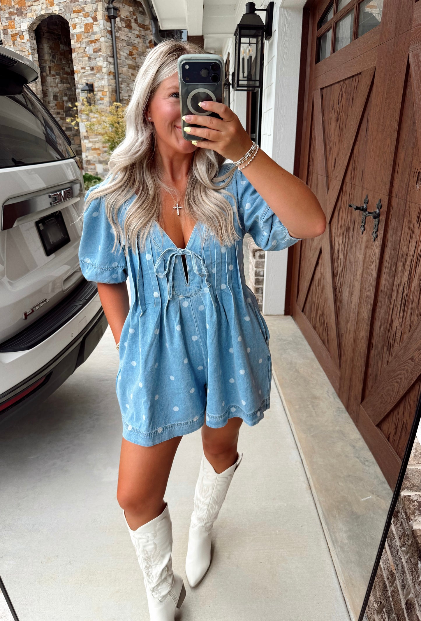 Polka Dot Pleated Denim Romper