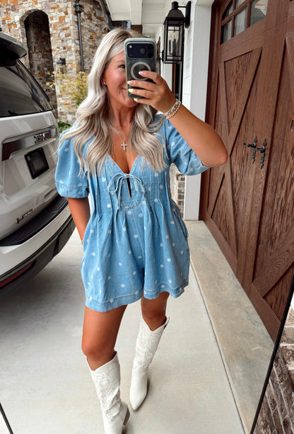 Polka Dot Pleated Denim Romper