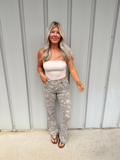 Tan Camo Mid Rise Jeans