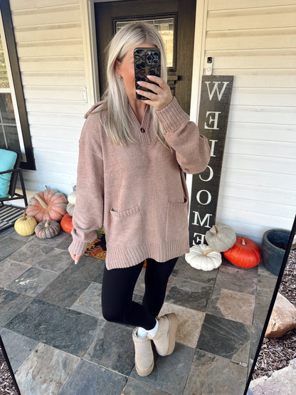 ONE BUTTON FRONT FLAP COLLAR RIBBED KNIT SWEATER PULLOVER