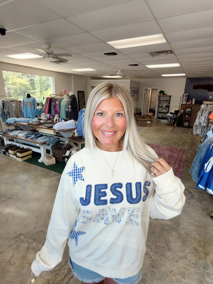 JESUS SAVES PATCHWORK CREW NECK SWEATSHIRT