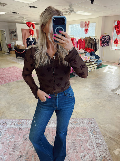 Floral Flocked Mesh Long Sleeve Top Button Blouse