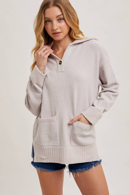 ONE BUTTON FRONT FLAP COLLAR RIBBED KNIT SWEATER PULLOVER