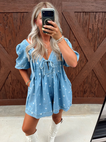Polka Dot Pleated Denim Romper