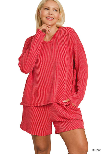 Plus Raised Rib Long Sleeve Tee And Shorts Set