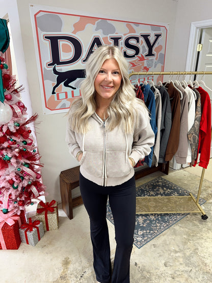 Acid Wash Fleece Cropped Zip Up Jacket