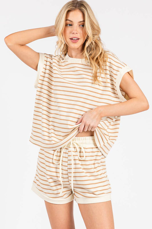 Striped Shorts Set - Ivory/Taupe