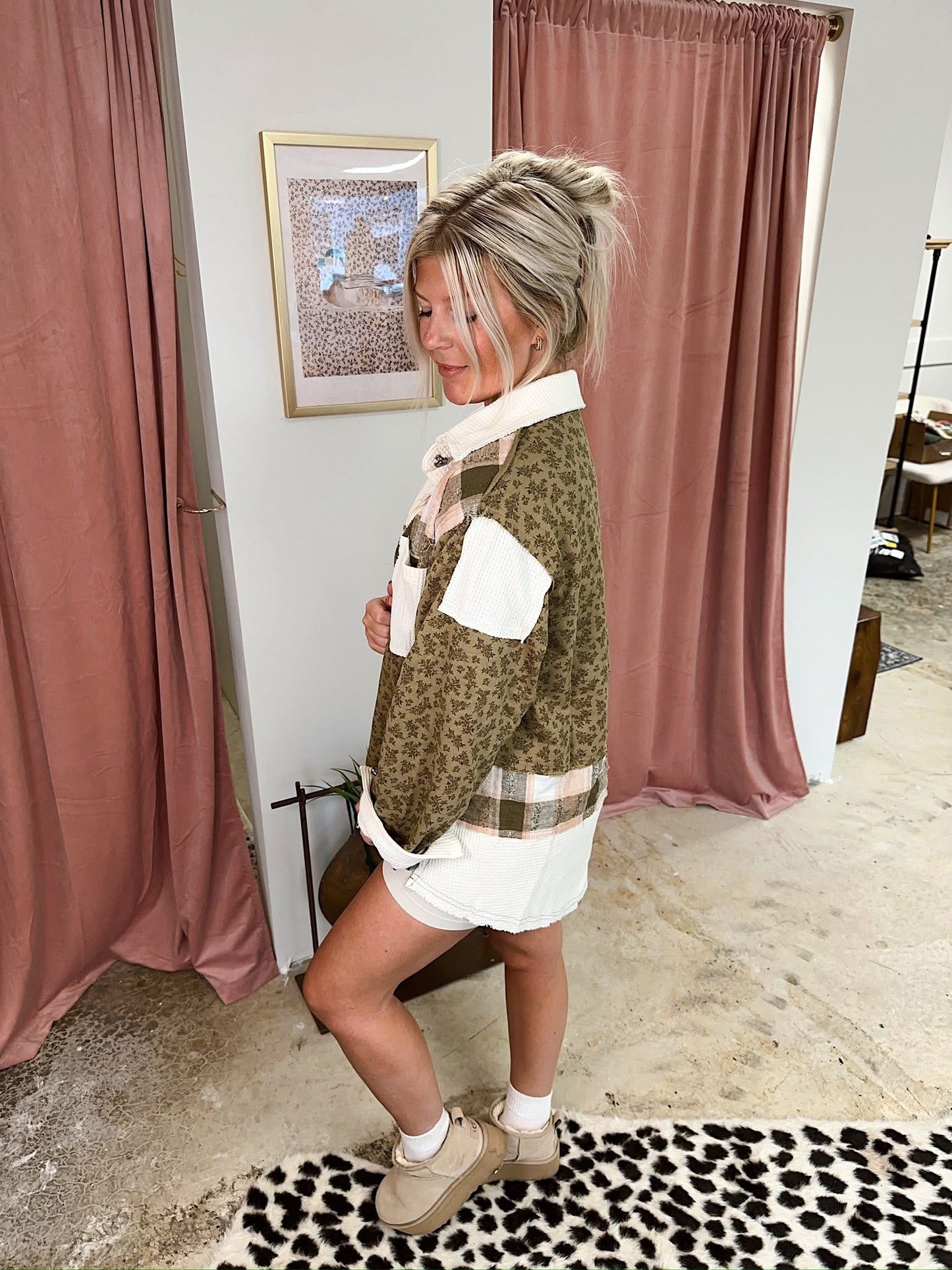 Long sleeve French terry plaid patchwork printed shacket