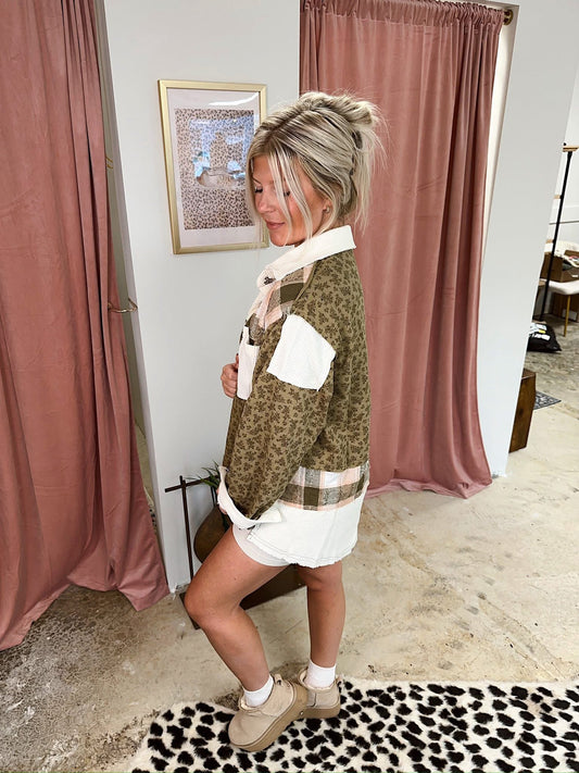 Long sleeve French terry plaid patchwork printed shacket