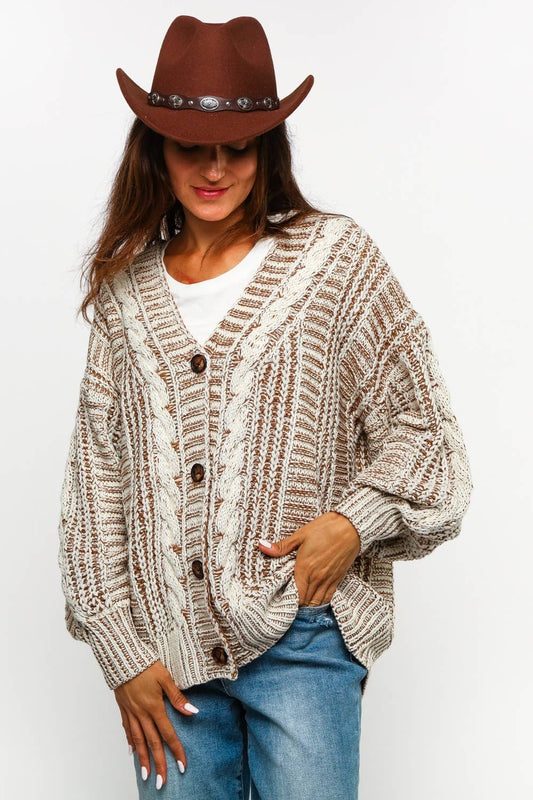 TWO TONE CABLE CHUNKYSWEATER CARDIGAN