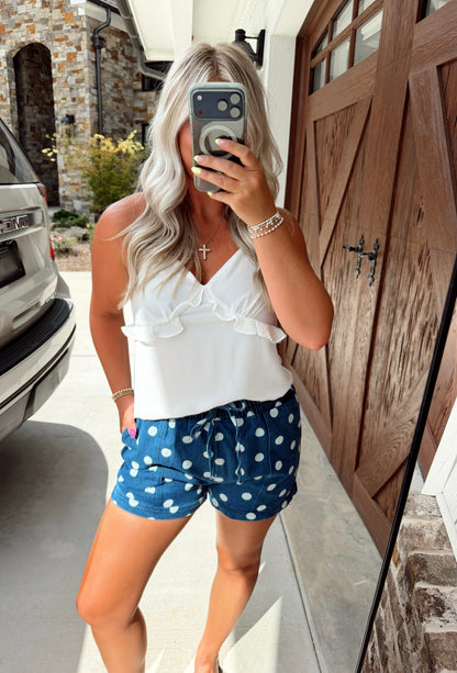 Polka Dot Drawstring Denim Shorts