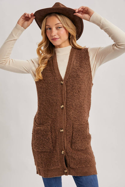 BUTTON DOWN V-NECK TEDDY KNIT LONG LINED VEST