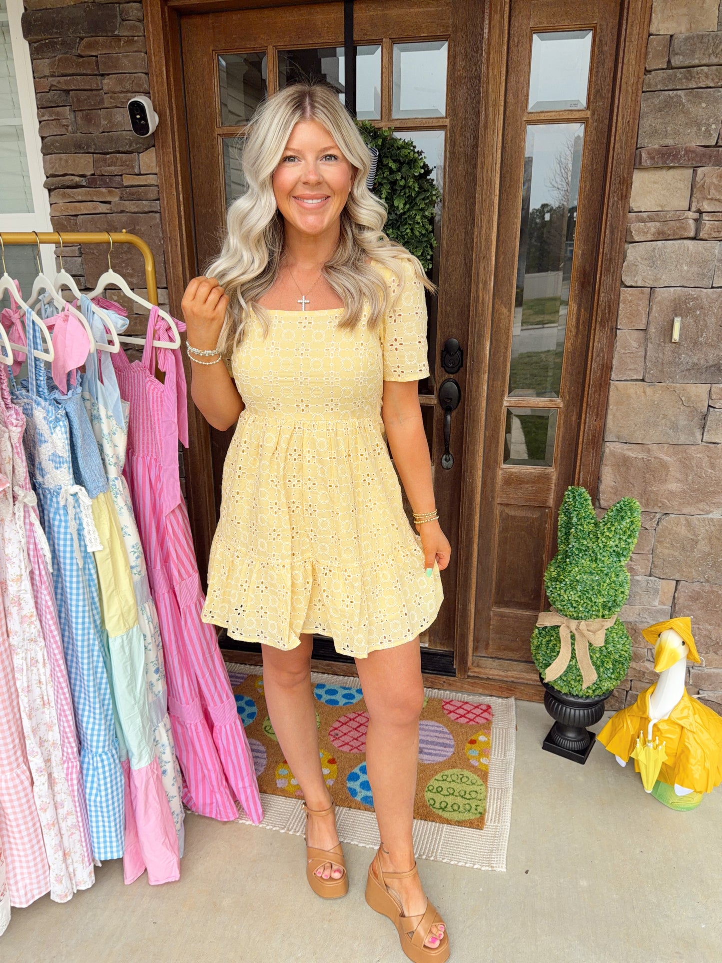 EYELET EMBROIDERED SHIFT MINI DRESS