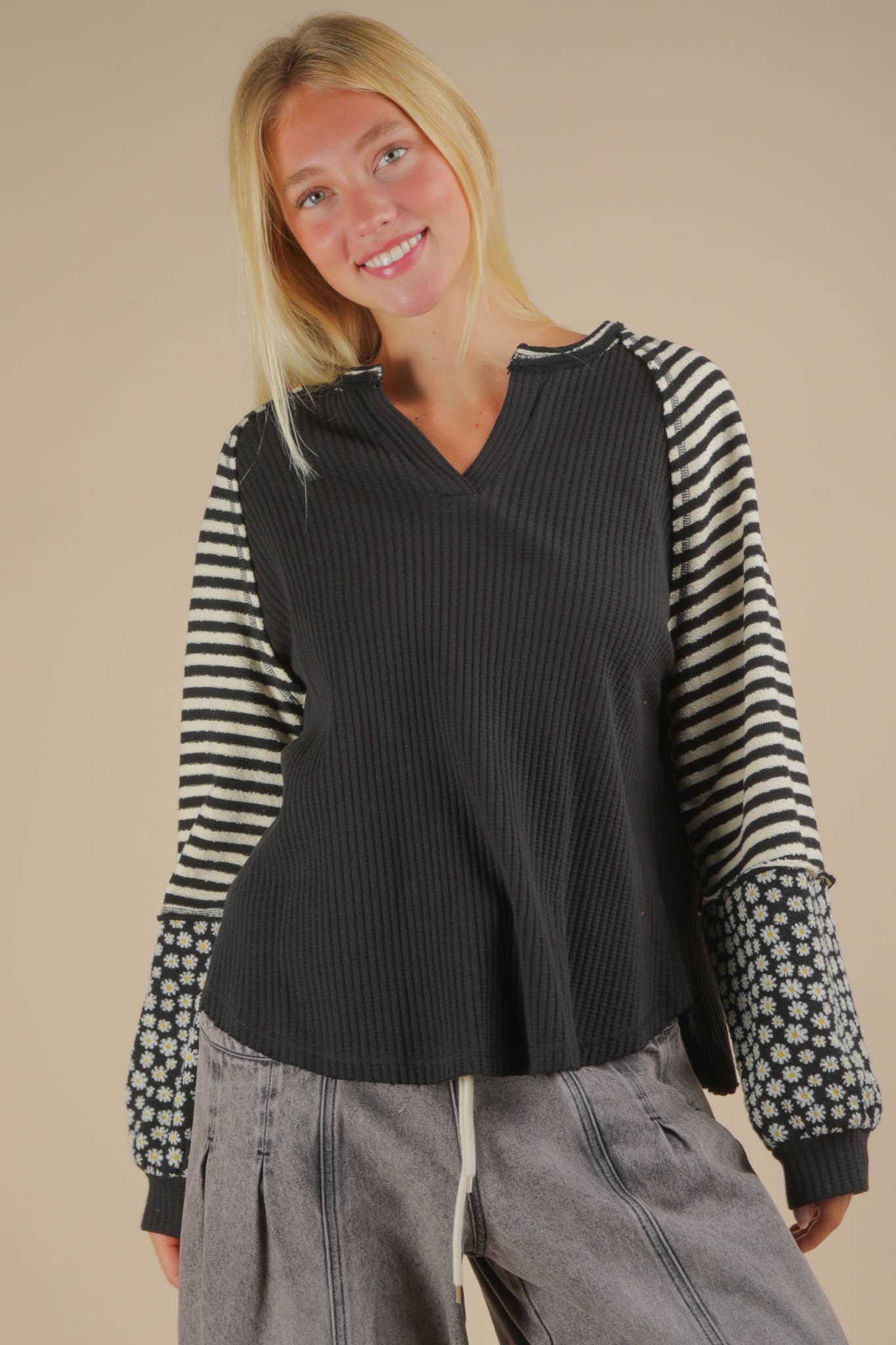 Black Floral Stripe Top