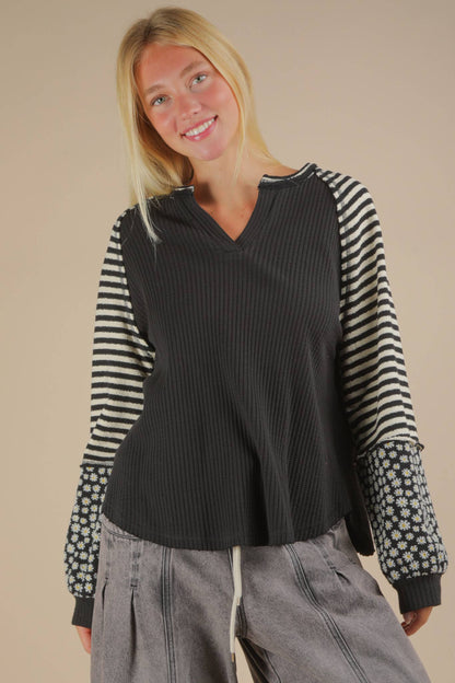 Black Floral Stripe Top