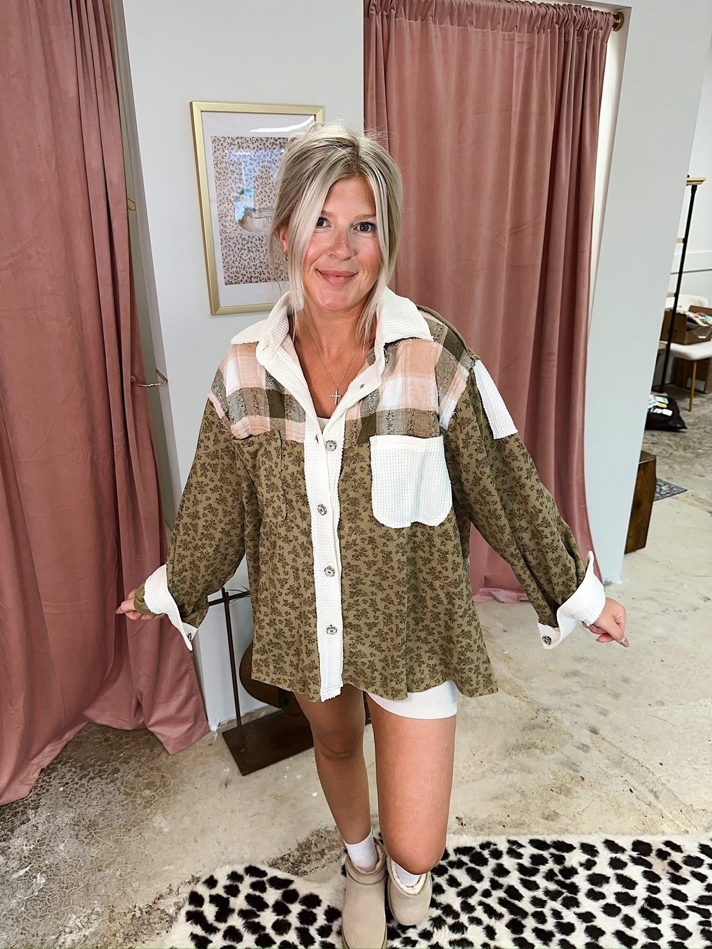 Long sleeve French terry plaid patchwork printed shacket