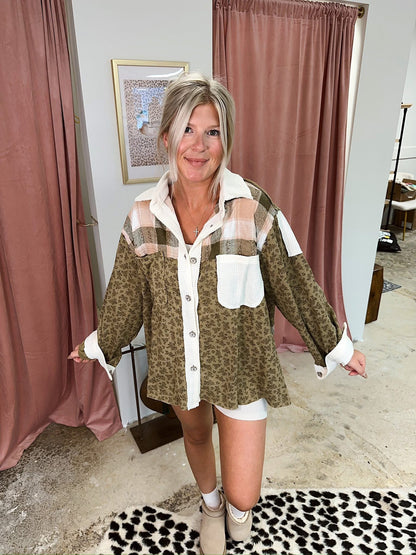 Long sleeve French terry plaid patchwork printed shacket