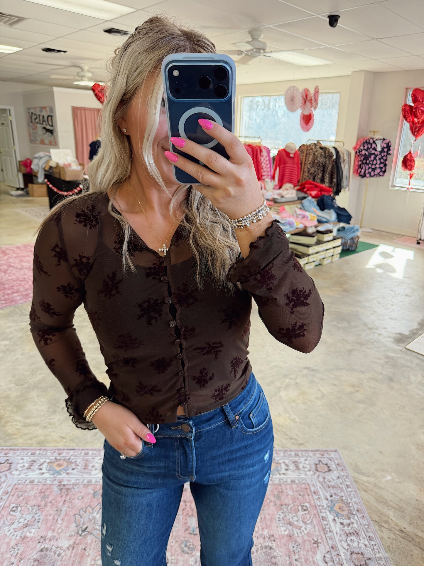 Floral Flocked Mesh Long Sleeve Top Button Blouse