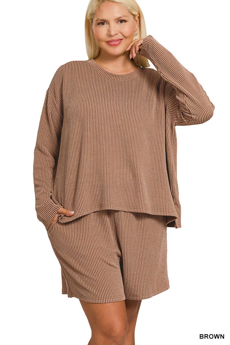 Plus Raised Rib Long Sleeve Tee And Shorts Set