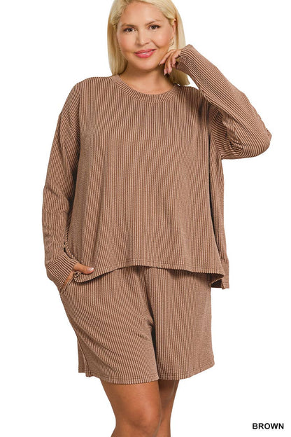 Plus Raised Rib Long Sleeve Tee And Shorts Set