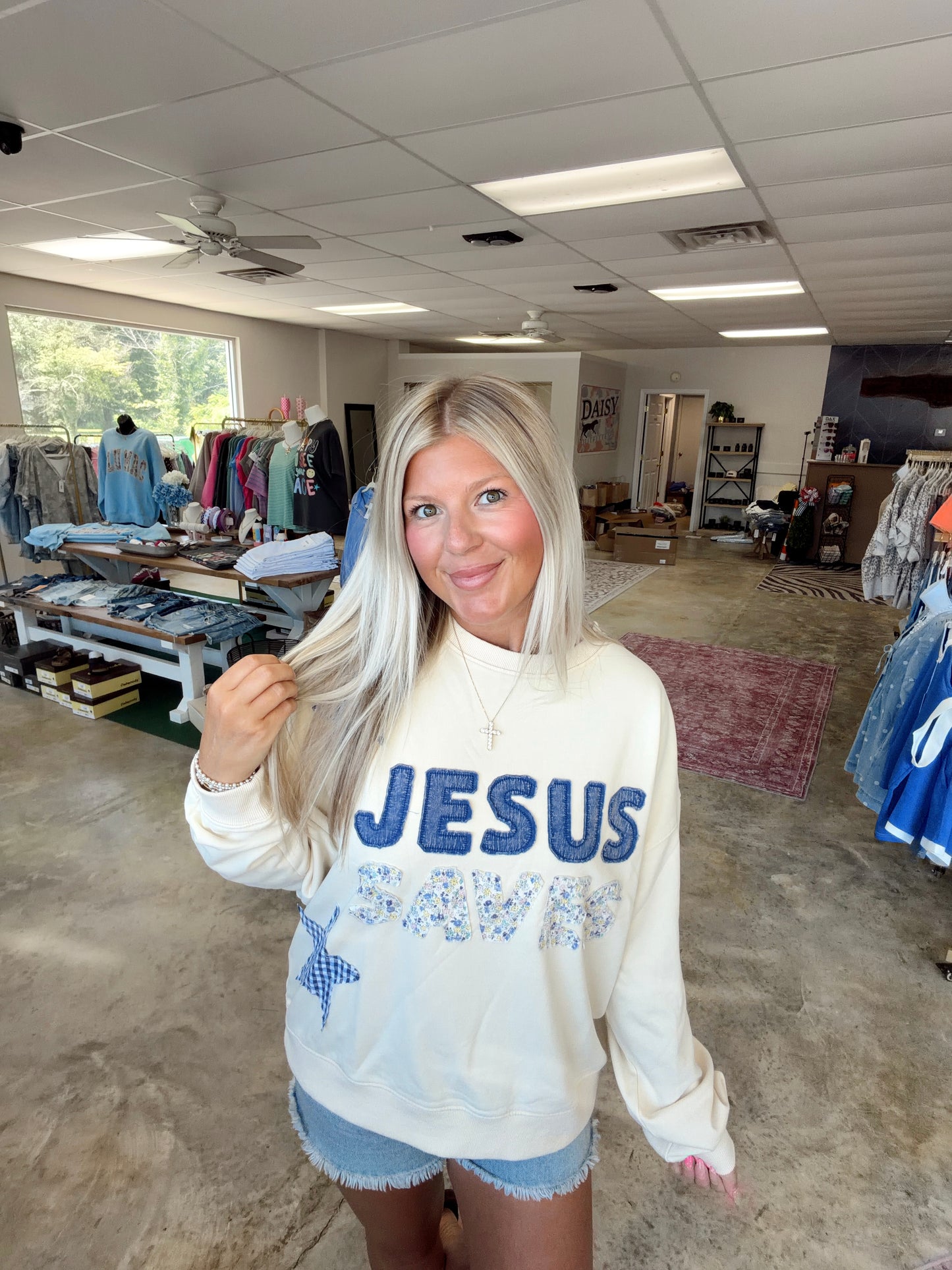 JESUS SAVES PATCHWORK CREW NECK SWEATSHIRT