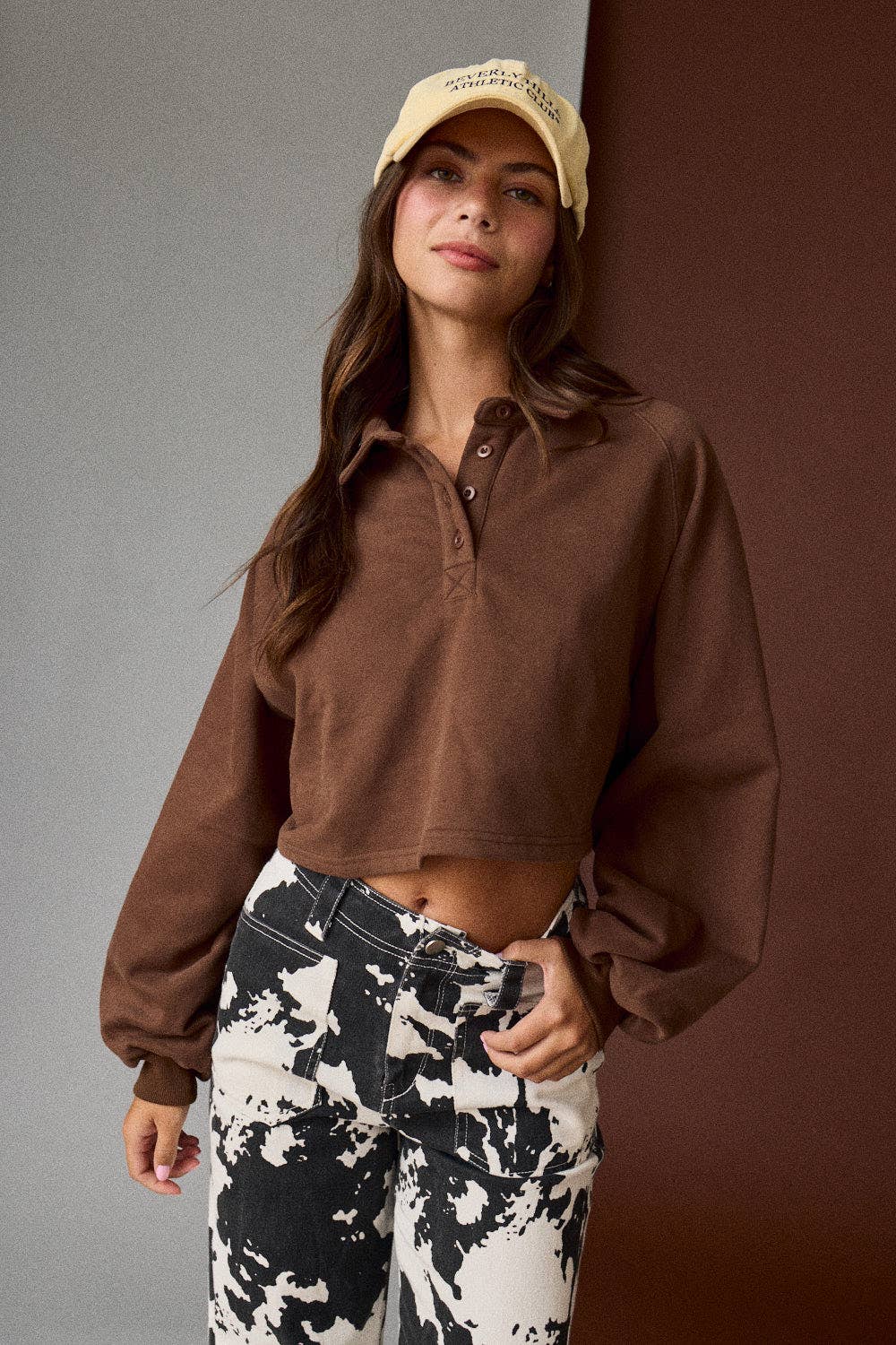 Brown Cropped Collared Pullover