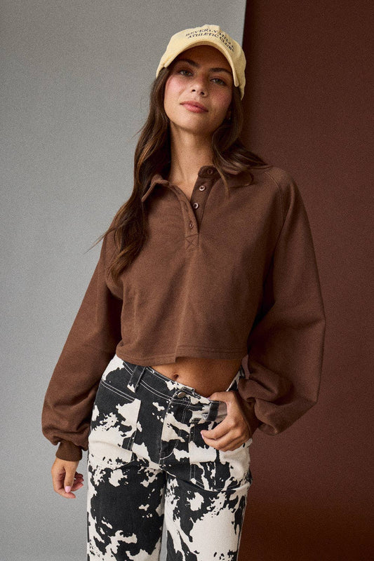 Brown Cropped Collared Pullover