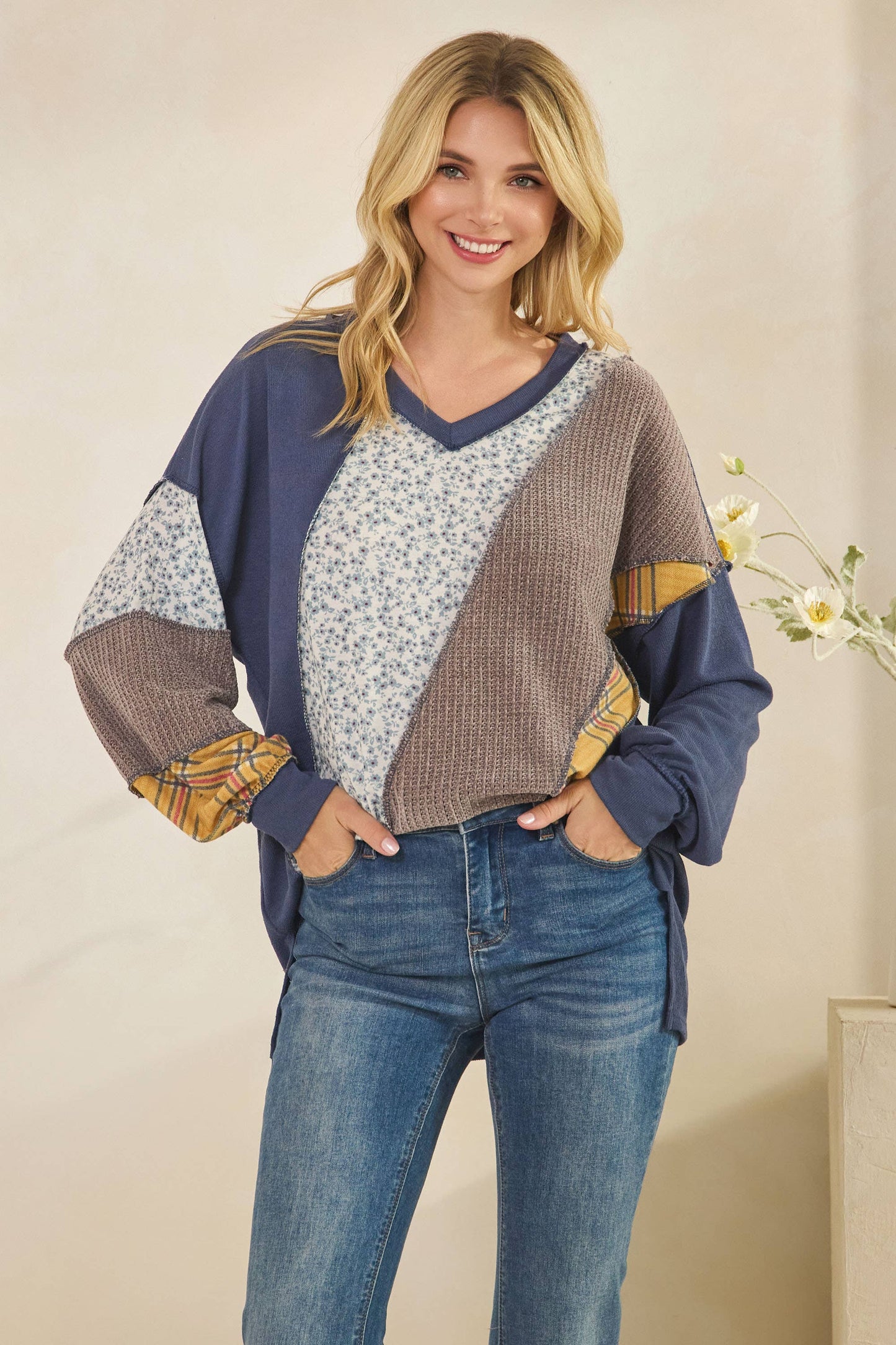 Navy Patchwork Long Sleeve