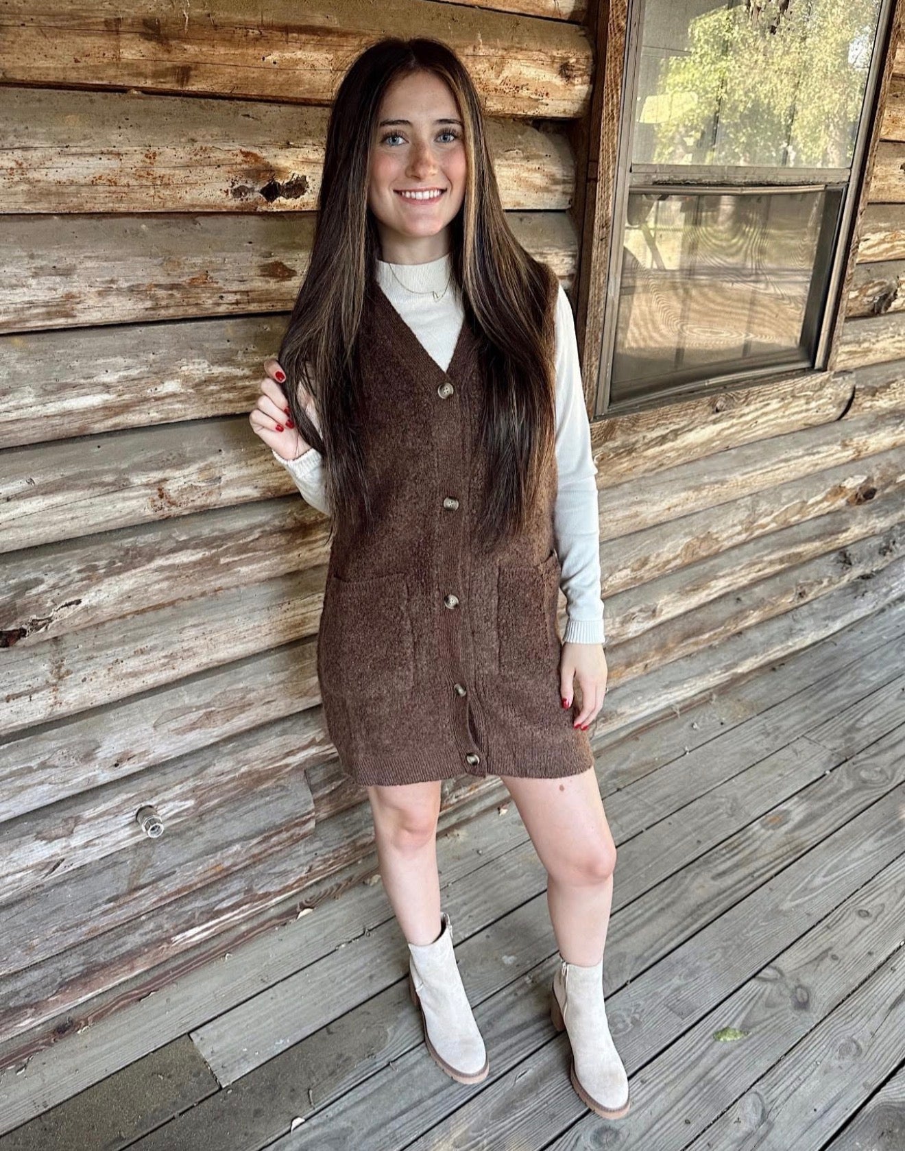 BUTTON DOWN V-NECK TEDDY KNIT LONG LINED VEST