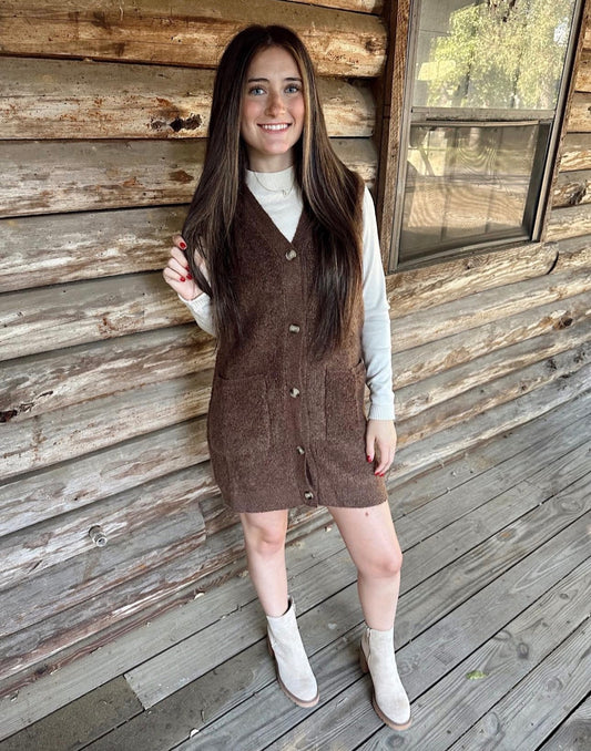 BUTTON DOWN V-NECK TEDDY KNIT LONG LINED VEST