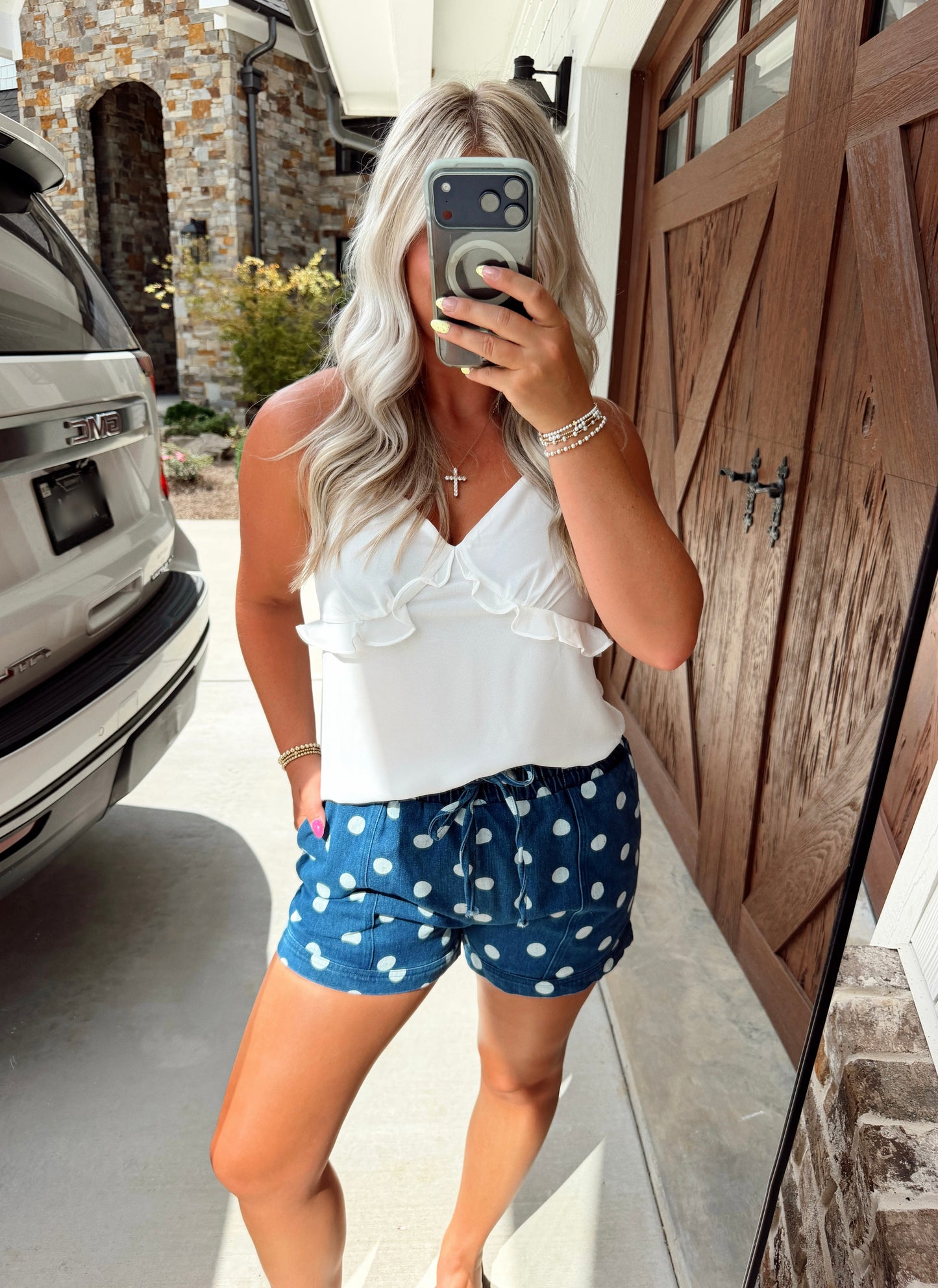 Polka Dot Drawstring Denim Shorts