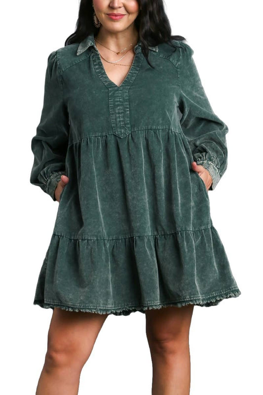 Plus Mineral Wash Corduroy Tiered Dress