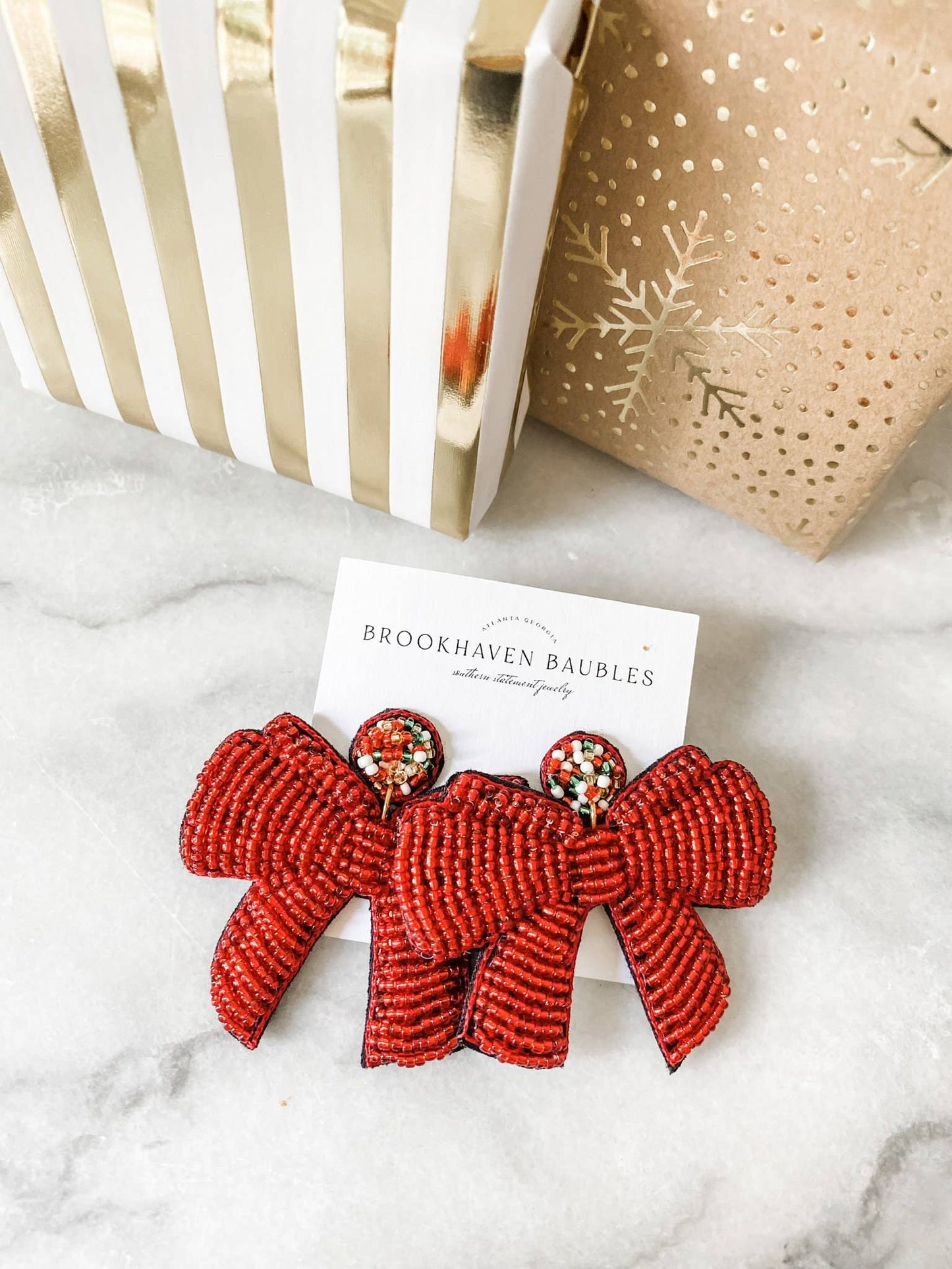Red Christmas Bow Beaded Statement Earrings